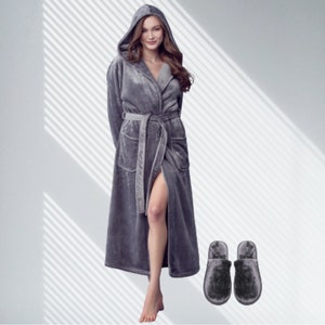 women wears plush robe with hood and slipper set gray color