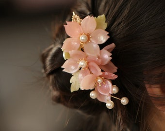 Pink Sakura Hair Clip, Vintage Fairy Hair Clip, Chinese Hairpins, Flower Hairpin, Side Hair Clip, Hanfu Accessories, Hair Accessories, Gifts