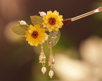 Sunflower Hairpin, Vintage Flower Hair Fork, Tassel Hair Stick, Chinese Hairpin, Fine Hair Fork, Hanfu Accessories, Hair Jewelry, Gifts