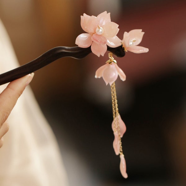 Pink Sakura Hair Stick, Flower Hairpin With Tassel, Chinese Hairpin, Sandalwood Hair Stick, Hanfu Accessories, Hair Accessories, Gifts