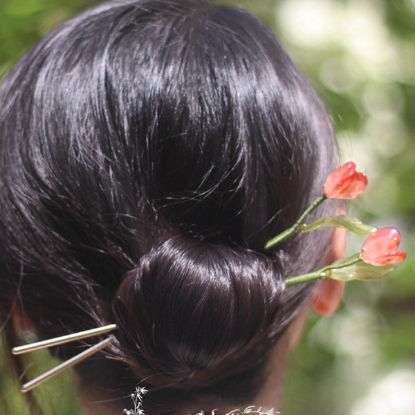 Achetez 1 Obtenez 1 bâton de cheveux tulipe gratuit, épingle à cheveux à fleurs glacées, fourchette à cheveux vintage, bâtons de cheveux Hanfu, bâton de cheveux chinois, accessoires de cheveux, cadeaux