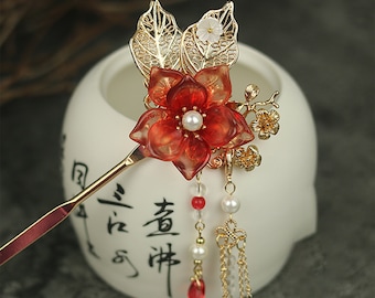Palo de pelo de flor de esmalte rojo hecho a mano, palo de pelo de cobre borla, horquilla china, horquilla retro, palo de pelo Hanfu, accesorios para el cabello, regalos