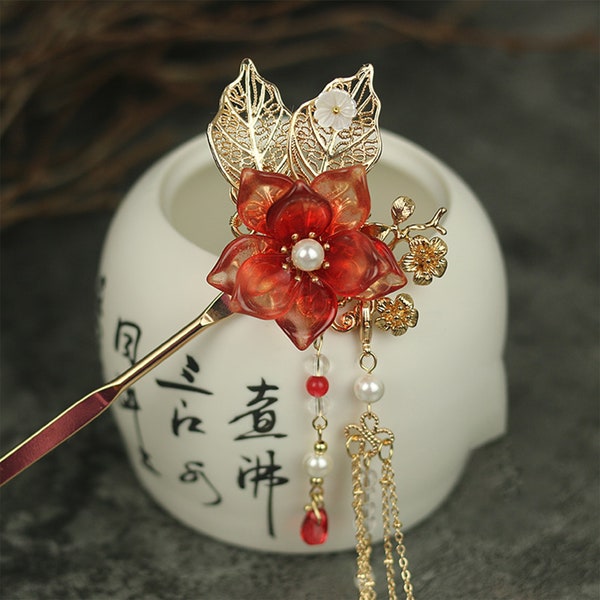 Handmade Red Glaze Flower Hair Stick, Tassel Copper Hair Stick, Chinese Hairpin, Retro Hairpin, Hanfu Hair Stick, Hair Accessories, Gifts