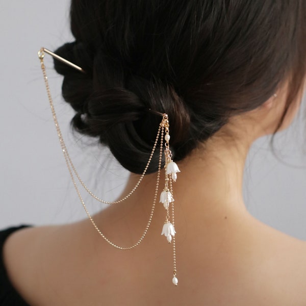 White Lily of the Valley Hair Stick, Flower Chain Hair Stick, Tassels Hair Pins, Chinese Hairpin, Hanfu Accessories, Wedding Hair Jewelry