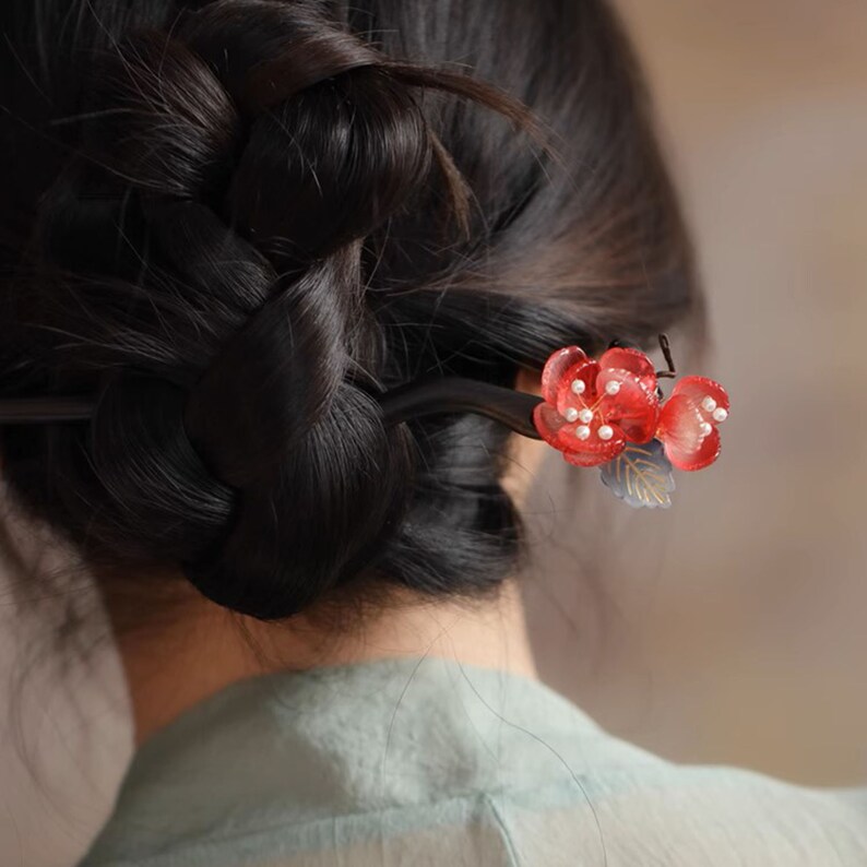 Glaze Flower Hair Stick, Classical Hairpin, Vintage Hair Stick, Chinese Hairpin, Sandalwood Hair Pins, Hanfu Accessories, Hair Accessories image 6