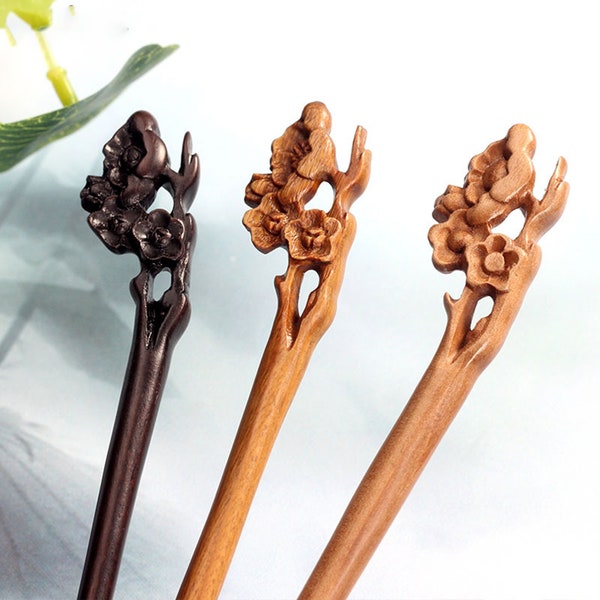 Vintage Plum Blossom Hair Stick, Flower Hairpin, Sandalwood Hair Stick, Chinese Hairpin, Elegant Hair Stick, Hanfu Hair Accessories, Gifts