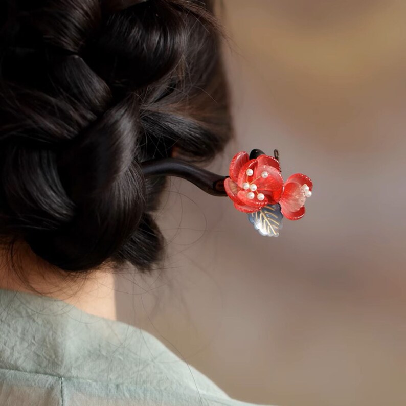 Glaze Flower Hair Stick, Classical Hairpin, Vintage Hair Stick, Chinese Hairpin, Sandalwood Hair Pins, Hanfu Accessories, Hair Accessories image 3