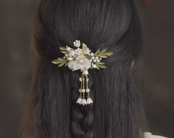 Épingle à cheveux muguet, pince à cheveux féerique, pince à cheveux avec pompon, épingle à cheveux chinoise, pince à cheveux latérale, accessoires Hanfu, accessoires de mariage