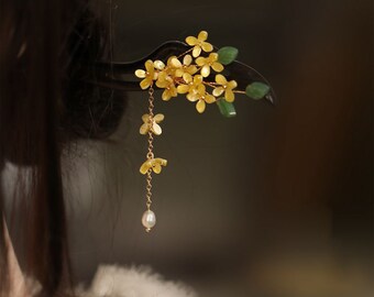 Bâton de cheveux d'Osmanthus, bâton de cheveux de fleurs, épingle à cheveux chinoise, bâton de cheveux avec des glands, fourchette de cheveux rétro, accessoires de Hanfu, bijoux de cheveux, cadeaux