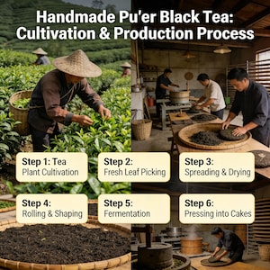 Puede incluir: Una guía visual titulada Handmade Pu'er Black Tea: Cultivation & Production Process. Muestra seis pasos: 1: Tea Plant Cultivation, 2: Fresh Leaf Picking, 3: Spreading & Drying, 4: Rolling & Shaping, 5: Fermentation, 6: Pressing into Cakes.