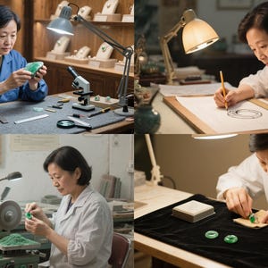 May include: A woman working on jewelry design and craftsmanship. The image shows her at different stages of the process, including sketching, cutting, and polishing jade. Various tools and materials are visible, including a microscope, drawing tools, and a scale.