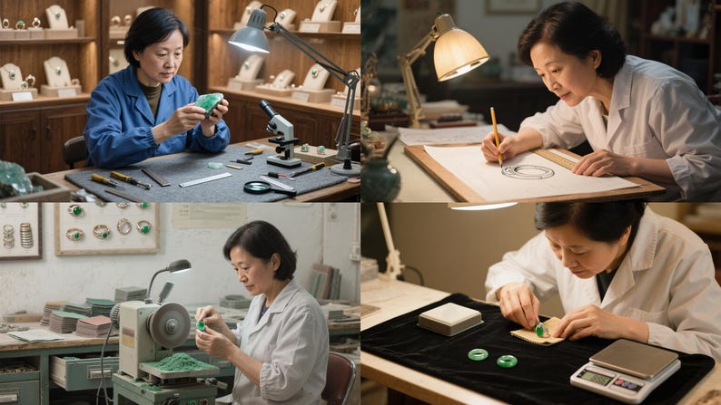 May include: A woman working on jewelry design and craftsmanship. The image shows her at different stages of the process, including sketching, cutting, and polishing jade. Various tools and materials are visible, including a microscope, drawing tools, and a scale.