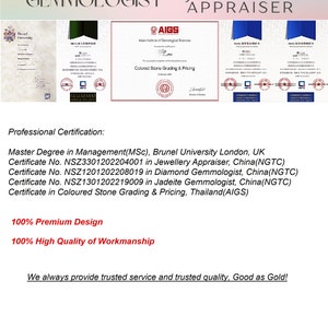 May include: Image featuring professional certifications for gemmology and jewellery appraisal. Certificates from Brunel University, AIGS, and other institutions are displayed. Text includes "100% Premium Design" and "100% High Quality of Workmanship."