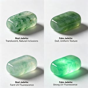 May include: Four images comparing real and fake jadeite gemstones. The top left shows translucent jadeite with natural inclusions. The top right shows dull jadeite with a uniform texture. The bottom left shows real jadeite with faint UV fluorescence. The bottom right shows fake jadeite with strong UV fluorescence.