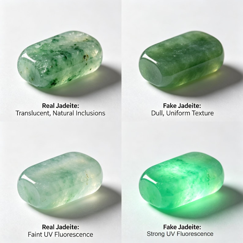 May include: Four images comparing real and fake jadeite gemstones. The top left shows translucent jadeite with natural inclusions. The top right shows dull jadeite with a uniform texture. The bottom left shows real jadeite with faint UV fluorescence. The bottom right shows fake jadeite with strong UV fluorescence.
