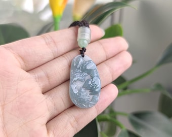 ビルマ産本翡翠 ジェダイト 風景ペンダントネックレス：グレードA翡翠