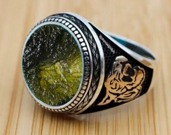Authentischer Moldavit-Edelsteinring aus Sterlingsilber, Löwen-Design, zertifizierter Moldavit-Ring, echter Moldavit-Löwenring, Löwenring