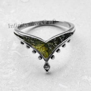Moldavite Ring,V Shape Moldavite Ring, Unique Moldavite Ring, meteorite ring, Authentic Moldavite, Handmade Ring, Christmas gift Silver Ring