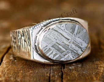 Meteorit Ring, Massiver Sterling Silber Ring, Unisex Ring, Eisen Meteorit Statement Ring, Natürlicher Meteorit Silberring, Handgemachter Ring für Ihn