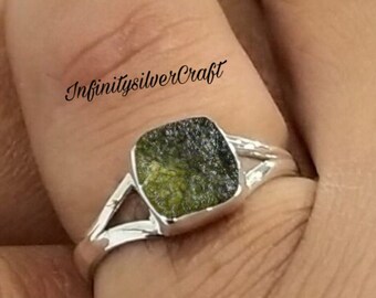 Natural Raw Moldavite Gemstone Ring in Sterling Silver | Stackable Ring | Handmade Ring | Solitaire Ring | Authentic Moldavite Jewelry