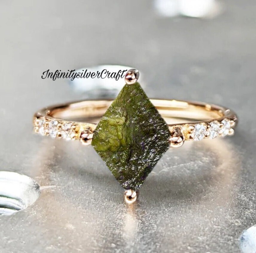 Natural Moldavite Silver Ring Rough Moldavite Ring Moldavite
