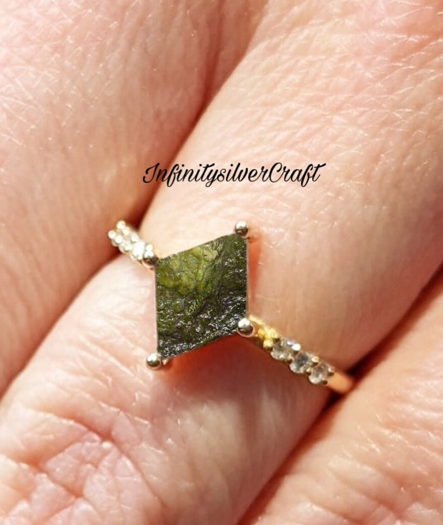 Natural Moldavite Silver Ring Rough Moldavite Ring Moldavite