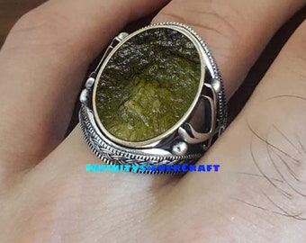 Natural Raw Moldavite Gemstone Ring in Sterling Silver | Man's Moldavite Ring | Authentic Moldavite Ring | Genuine Moldavite Ring |