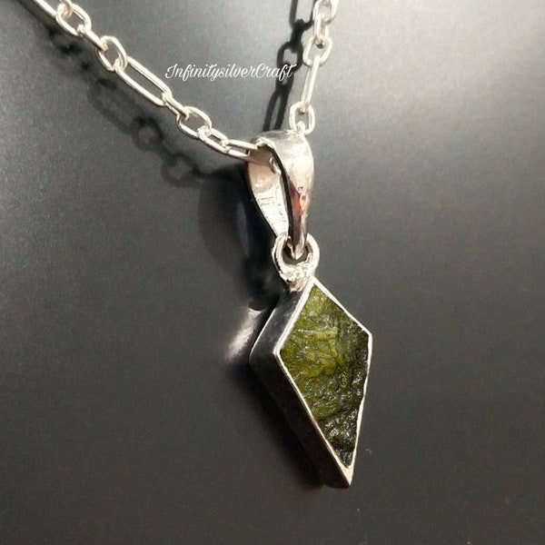 Natural Raw Moldavite Pendant in Sterling Silver| Moldavite Meteorite Pendant| Natural Moldavite Gem Anniversary Gift| Kite Shape Gift Party