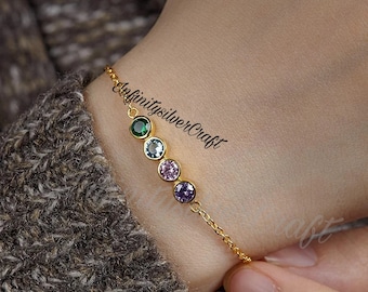 Pulseras de piedra de nacimiento redondas de oro de 14 quilates, joyas de piedra de nacimiento familiares hechas a medida, pulsera de piedras preciosas de plata personalizada, los mejores regalos para las madres