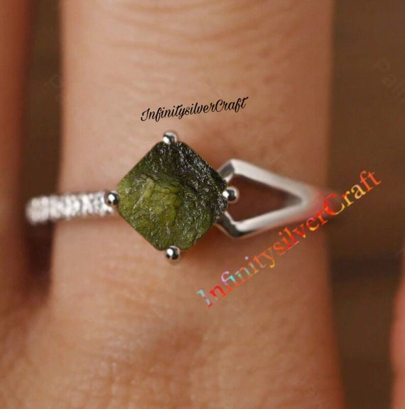 thumbnail image 2 of Rough Moldavite Ring: 925 Sterling Silver, Genuine Czech Stone 2 of 13