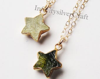 Dainty moldavite necklace, meteorite pendant, meteorite necklace, moldavite jewelry, czech moldavite, gold filled chain, Star Pendant Libyan