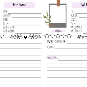 Book Review Printable Sheet - Book Journal -  Reading Planner