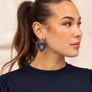 Gold Plated Heart Statement Earrings with Blue Detail – 5 cm