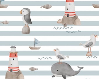 Pre-order Exclusive Premium Cotton Fabric Patchwork Maritime Sea Creatures Lighthouse Seagull Whale Stripes