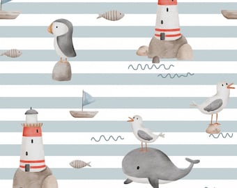 Pre-order Exclusive Premium Cotton Fabric Patchwork Maritime Sea Animals Lighthouse Seagull Whale Stripes from 50 cm