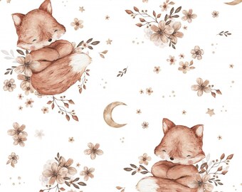 Choice of cotton, jersey, sweatshirt fabric or muslin + cute fox, moon, blossoms, spring, flower meadow, white