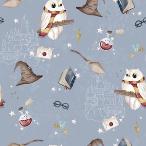 May include: A seamless pattern featuring a light blue background with white owls, brown witch hats, white castles, and other magical elements. The pattern is perfect for fabric, wallpaper, or wrapping paper.
