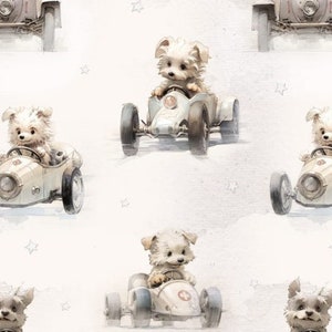 May include: A seamless pattern featuring white dogs driving miniature race cars on a white background with small stars. The dogs are wearing brown collars and have brown noses. The cars are white with brown wheels and red accents.