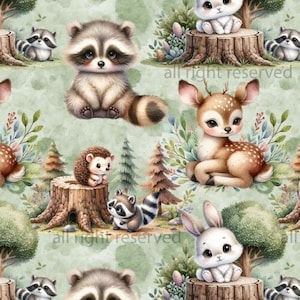 Könnte beinhalten: Ein nahtloses Muster mit niedlichen Waldtieren, darunter Waschbären, ein Reh, ein Igel, ein Kaninchen und ein Eichhörnchen. Die Tiere sind im Cartoon-Stil dargestellt und von grünem Laub und Baumstümpfen umgeben. Der Hintergrund ist hellgrün.
