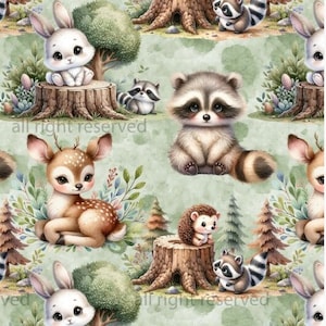 May include: A seamless pattern featuring a variety of woodland animals, including a deer, a rabbit, a raccoon, and a hedgehog. The animals are depicted in a cartoon style and are set against a green background with brown tree stumps and green foliage.