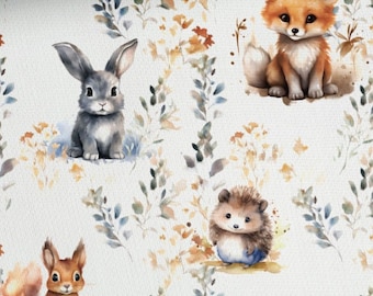 Cotton fabric, cute woodland animals: fox, hare, hedgehog