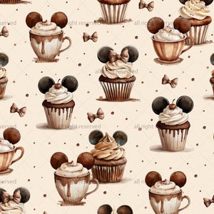 Peut inclure: Un motif sans couture avec des illustrations à l'aquarelle de cupcakes et de tasses à café décorées d'oreilles de Mickey Mouse en chocolat. Le fond est beige clair avec des pois marrons.