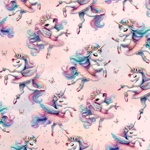 May include: A seamless pattern featuring a pink background with multiple illustrations of pastel-colored unicorns wearing pink tutus and ballet shoes. The unicorns have rainbow manes and tails, and some have wings. There are also small butterfly illustrations scattered throughout the pattern.