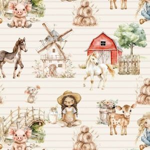 Vorbestellung Jersey Baumwolljersey Stoff Tiere auf dem Bauernhof Farm Pferde Pony Windmühle ab 50 cm