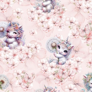 Puede incluir: Un patrón sin costuras con unicornios blancos con crines y colas rosas y moradas, sosteniendo flores de diente de león. Los unicornios están rodeados de flores rosas y blancas sobre un fondo rosa claro.