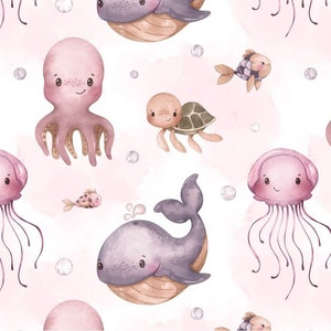 Pre-order Sweat Fabric French Terry Sold by the Meter 1.65 m wide Sea Animals Octopus Starfish Jellyfish Turtle