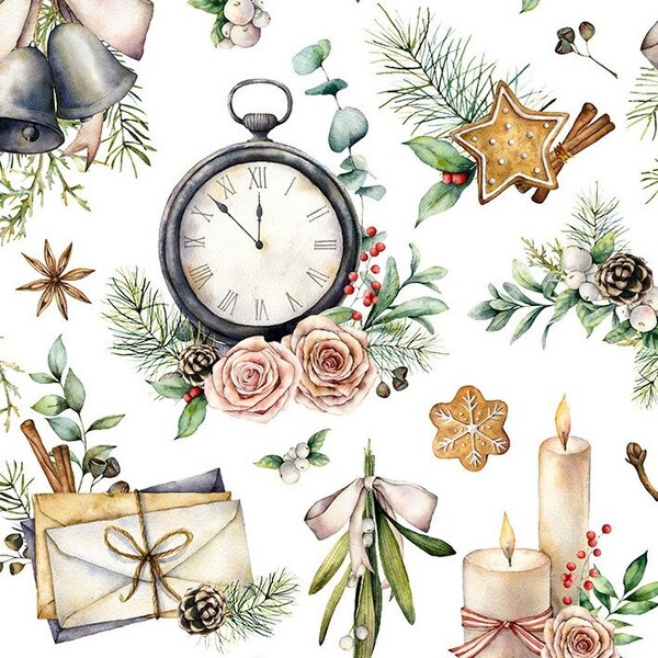 Sofort lieferbar! Exklusive Premium Baumwolle Stoff Patchwork Weihnachten Kerzen Mistel Uhr