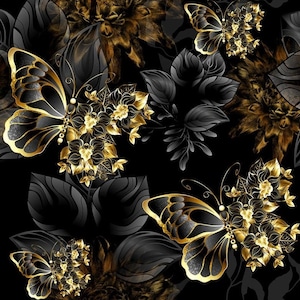 Può includere: Sfondo nero con farfalle dorate e motivi floreali. Le farfalle hanno ali nere con accenti dorati e sono circondate da fiori dorati.