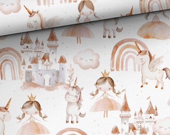 Exclusive premium cotton fabric, cute princess, unicorn, castle, rainbow
