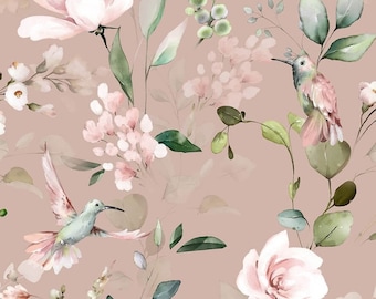 Pre-order Exclusive Premium Cotton Fabric Patchwork Flowers Birds Hummingbird Eucalyptus Old Pink